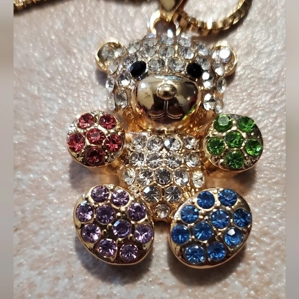 Multi Colored Austrian Crystal Teddy Bear Necklace & Earrings In Stainless Steel